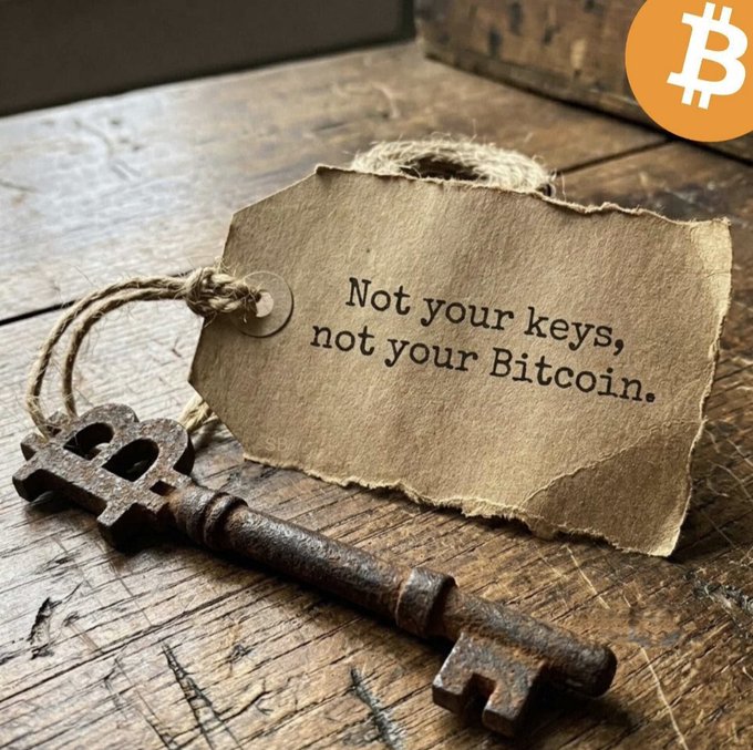 An old key with a Bitcoin symbol and a tag reading "Not your keys, not your Bitcoin." perfectly illustrates the accompanying post emphasizing self-custody of Bitcoin.