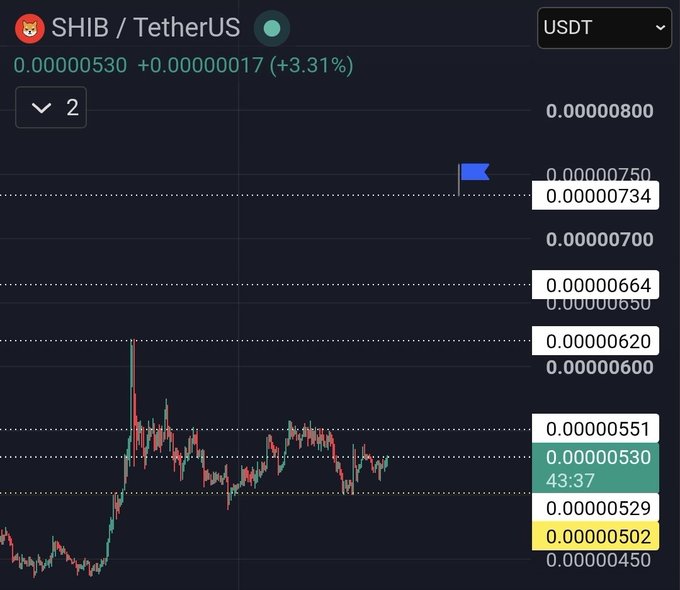 A cryptocurrency trading chart for 'SHIB / TetherUS' shows a price increase of 3.31%, with the current price at 0.00000530 USDT.