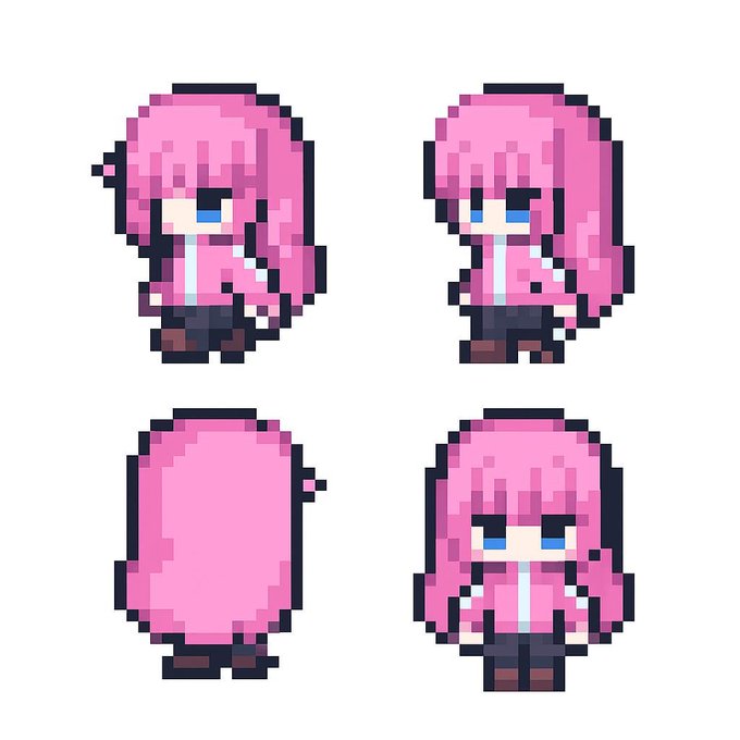 Four pixel-art sprites of a chibi character with long pink hair and blue eyes are shown from different angles (front, side, back, and an alternate front view), seemingly unrelated to the post about Telegram trading channels. The image's playful, anime-style aesthetic contrasts with the post's serious financial content about market anomalies and Hyperliquid trading tools.