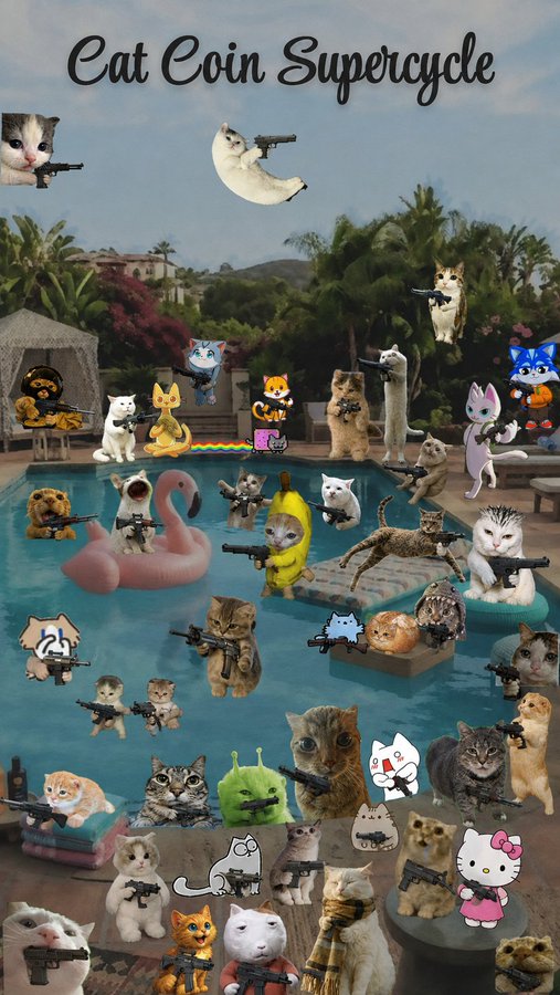 The image shows a chaotic pool party scene titled "Cat Coin Supercycle" at the top, featuring numerous cats—both real and cartoon-style—many armed with guns, floating on pool toys, lounging by the water, and even standing on a crescent moon. This absurd, humorous illustration ties to the post's rallying cry "Arm the fuck up. Moon dat cat," visualizing the meme's hyperbolic enthusiasm for a "cat coin" cryptocurrency rally by depicting the cats preparing for battle and reaching for the moon.