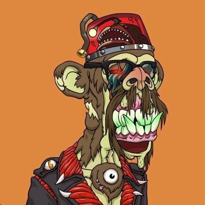 A stylized cartoon illustration of a monstrous character with red and brown fur, glowing green teeth, goggles, and a spiked red helmet against an orange background.