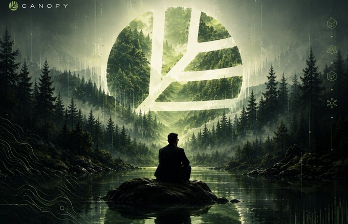A digital artwork featuring a person sitting on a rock in front of a lake, with a large tree and a glowing geometric symbol in the sky; the word 'CANOPY' is visible in the top-left corner.