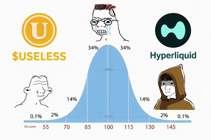 A meme with several people's faces on a graph, where each face represents a different cryptocurrency. The top of the graph shows "Useless", the middle shows a bar with a $USELESS label at its bottom, and the bottom indicates that Bitcoin is "worth $HYPERLINK". The post appears to be discussing the current state of cryptocurrency investments in comparison to Bitcoin's performance.