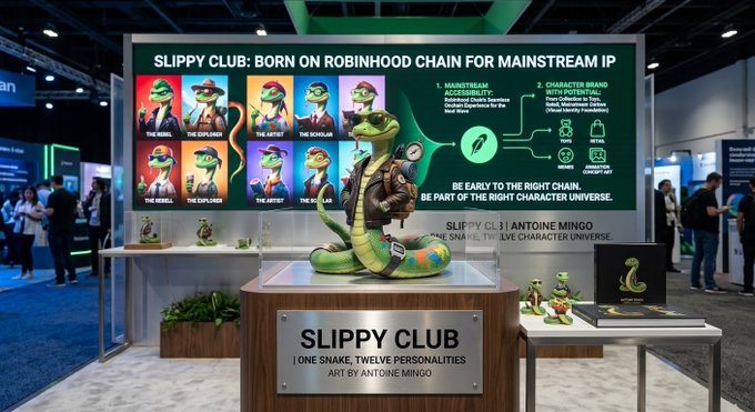 A trade show booth display for 'SLIPPY CLUB: BORN ON ROBINHOOD CHAIN FOR MAINSTREAM IP' featuring snake characters in different outfits by artist Antoine Mingo.