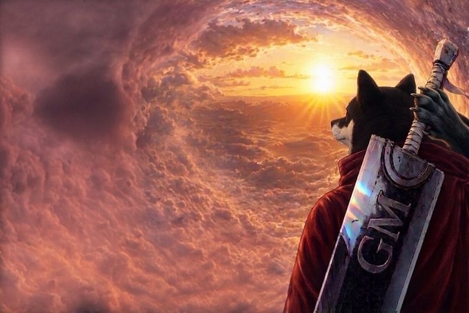 A dramatic anime-style artwork of a tuxedo cat wearing a red cloak, holding a large sword inscribed with 'GM' on its blade, silhouetted against a vibrant sunset sky with swirling clouds.