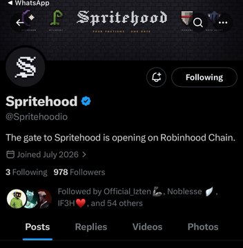 A Twitter/X profile for 'Spritehood' (@Spritehoodio) with a verified badge, indicating 'The gate to Spritehood is opening on Robinhood Chain' and showing 978 followers.