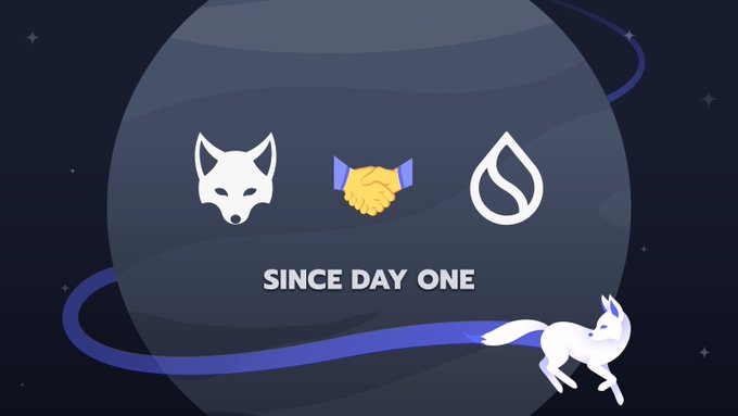 The image displays a cosmic-themed graphic with a large planet backdrop, featuring icons of a fox (MetaMask), a yellow handshake, and a water droplet (Sui logo), alongside a white fox-like creature and the bold text "SINCE DAY ONE." The visual reinforces the post's message of long-term loyalty to the Sui ecosystem, symbolizing partnership and steadfast support even during market fluctuations.