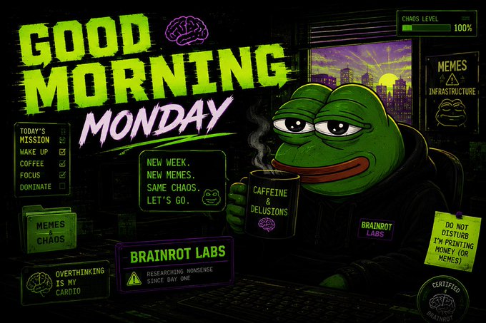 A neon-styled digital illustration titled 'GOOD MORNING MONDAY' featuring a tired-looking Pepe frog holding a coffee mug labeled 'CAFFEINE & DELUSIONS', with UI elements like 'CHAOS LEVEL 100%', 'BRAINROT LABS', and 'NEW WEEK. NEW MEMES. SAME CHAOS.'