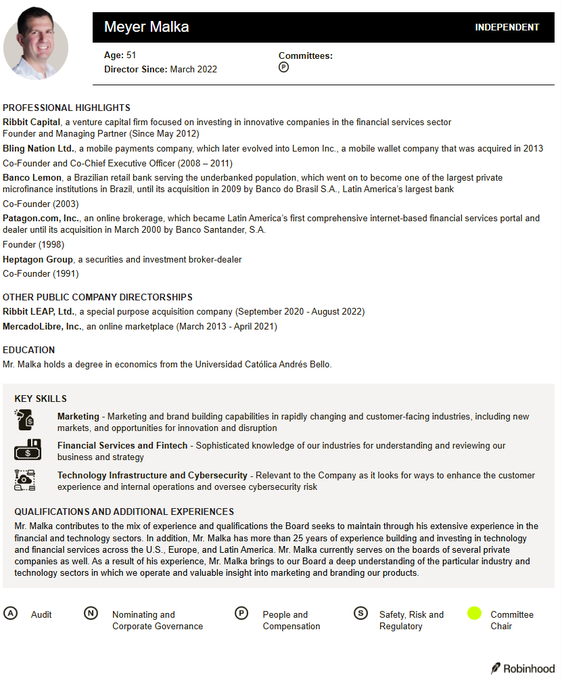 The image shows a professional profile card for Meyer Malka, an Independent Director at Robinhood since March 2022, age 51, highlighting his extensive background in fintech including founding Ribbit Capital, co-founding Bling Nation/Lemon Inc., and co-founding Banco Lemon in Brazil, along with his economics degree from Universidad Católica Andrés Bello. The post references his role as a Robinhood director since March 2022, which aligns with the director tenure shown in the profile, connecting his $TIBBIR deployment activity to his board position at the brokerage.
