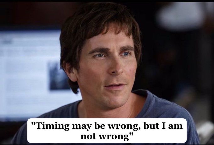 A scene featuring Christian Bale with the caption 'Timing may be wrong, but I am not wrong'.
