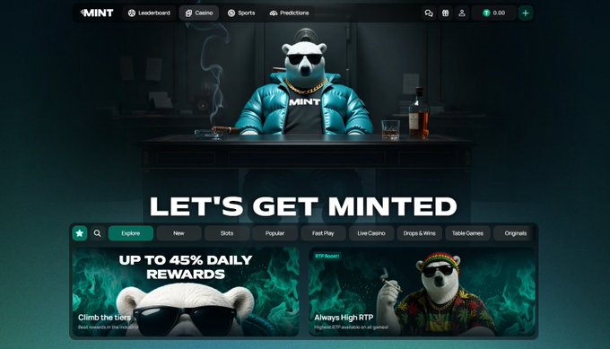 A screenshot of a website or app called 'MINT' features a cartoon bear character in a puffy jacket and sunglasses, with the text 'LET'S GET MINTED' and tabs for 'Explore', 'New', and 'Shots'.
