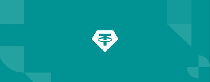 The image displays the Tether (USDT) logo, a teal and white diamond-shaped emblem with the stylized "₮" symbol, set against a teal background with subtle geometric patterns. The logo visually represents the subject of the announcement about Tether's first full audit by KPMG and its reserve surplus figures.