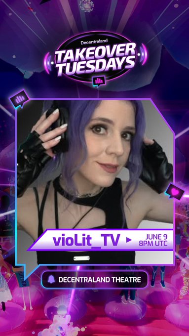 The image features a woman wearing black clothing and purple hair who appears to be dancing or performing at a live event. She has her hands raised, possibly in motion or as part of a dance routine. The background of the image is dark purple with various elements such as lights and other people present but not directly interacting with the main subject. The text on the image reads "Your Tuesday just got louder. vioLit is live now at Decentraland Theatre, taking over with hard dance, high energy, and the kind of set that wakes up the whole week." This suggests that the woman's performance or dancing has captured the attention of others in the room, making it a lively and engaging event.