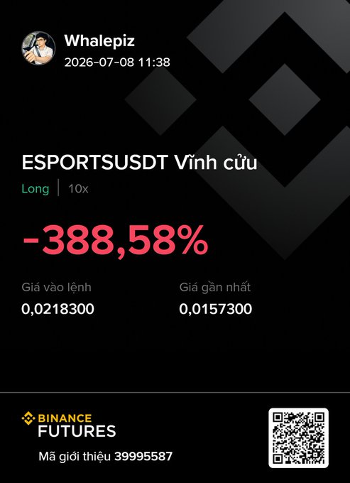 A Binance Futures trade result card by user 'Whalepiz' showing an ESPORTSUSDT perpetual long position at 10x leverage with a loss of -388.58%, and referral code 39995587.