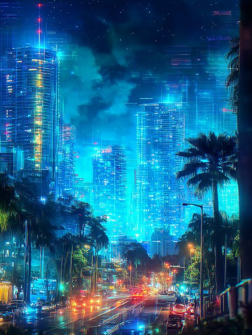 A cyberpunk cityscape at night featuring towering neon skyscrapers, palm trees, and glowing blue and red lights reflecting on a wet street.