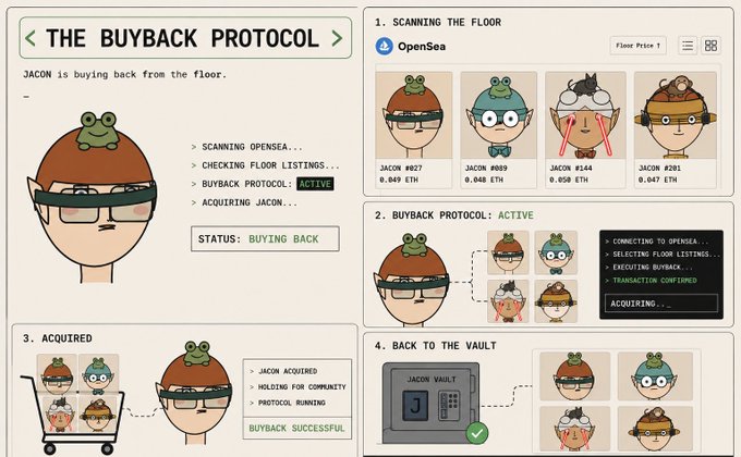 A four-panel infographic titled "THE BUYBACK PROTOCOL" illustrates the process of "JACON" purchasing floor NFTs from OpenSea, showing steps for scanning listings (with examples priced at 0.049, 0.048, 0.059, and 0.047 ETH), executing the buyback transaction, acquiring the characters, and returning them to "JACON VAULT" with a "BUYBACK SUCCESSFUL" status. The image visualizes the automated OpenSea collection buyback flow referenced in the post.