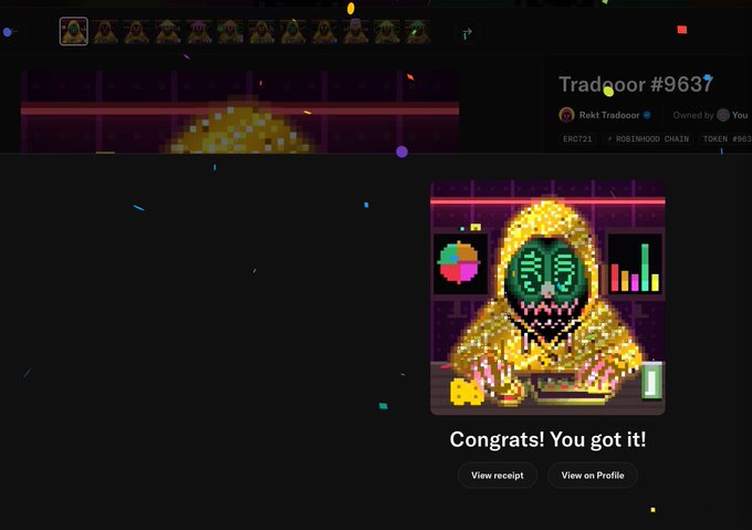 A digital trading interface displays 'Congrats! You got it!' alongside a pixel-art hooded figure, marked as 'Tradeoor #963' on the Robinhood Chain.