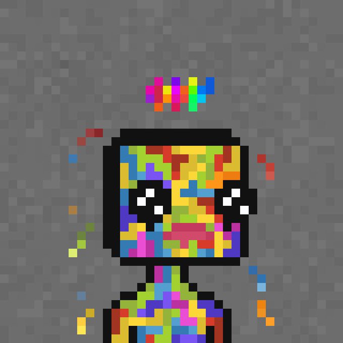 A pixelated robot character with a colorful, mosaic-style body made of vibrant multicolored squares is displayed against a gray background, with small colored pixel fragments floating around it. The image serves as a playful visual greeting, fitting the casual "gm" (good morning) message typically shared in crypto and Web3 communities.