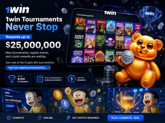 A promotional banner for '1win Tournaments' advertises rewards up to $25,000,000 in crypto, displaying various game thumbnails like Jaws of Justice and Lucky 7 alongside a golden bear mascot holding a crypto coin.
