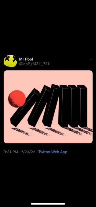 The image shows a tweet from "Mr Pool (@looP_rM311_7211)" posted at 9:31 PM on 7/23/22 featuring the iconic domino effect illustration (where a red ball topples a series of black dominoes) against a pink background, which visually represents the cascading economic consequences referenced in the accompanying post about Japan's yen intervention and the anticipated impact on XRP.
