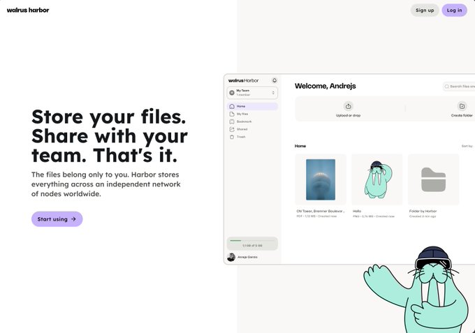 The landing page for Walrus Harbor, a decentralized file storage service, with the tagline 'Store your files. Share with your team. That's it.' and a mascot walrus character waving.
