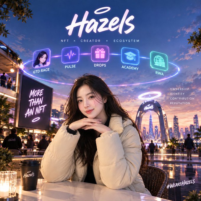 A promotional image for Hazels featuring an Asian woman at a café with the city skyline at sunset, with icons for GTD RACE, PULSE, DROPS, ACADEMY, and RWA. The text reads 'Hazels NFT x CREATOR x ECOSYSTEM' and 'MORE THAN AN NFT' with hashtag #WEAREHAZELS.
