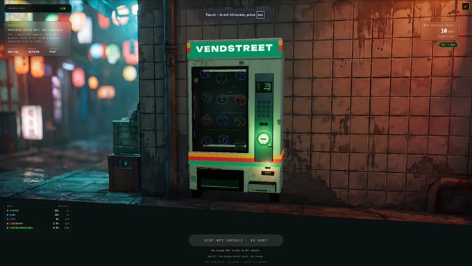 The image shows a retro vending machine labeled "VENDSTREET" displaying "$20" in a neon-lit urban alleyway, with interface elements indicating 10 USDT for a capsule. The post explains this is the VendStreet app within Flap, where users pay 10 USDT in $VEND tokens to purchase sealed capsule NFTs containing random tokenized stock NFTs on BNB Chain, with the machine's 3x3 grid of capsules visible through its glass front.