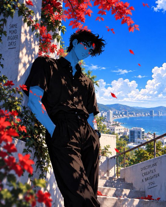 An anime-style illustration of a blue-skinned character with dark hair wearing a black outfit, standing on steps surrounded by red leaves with a coastal city view; text reads "SAME MIND BIGGER DAYS" and "DISCIPLINE CREATES A BRIGHTER YOU."