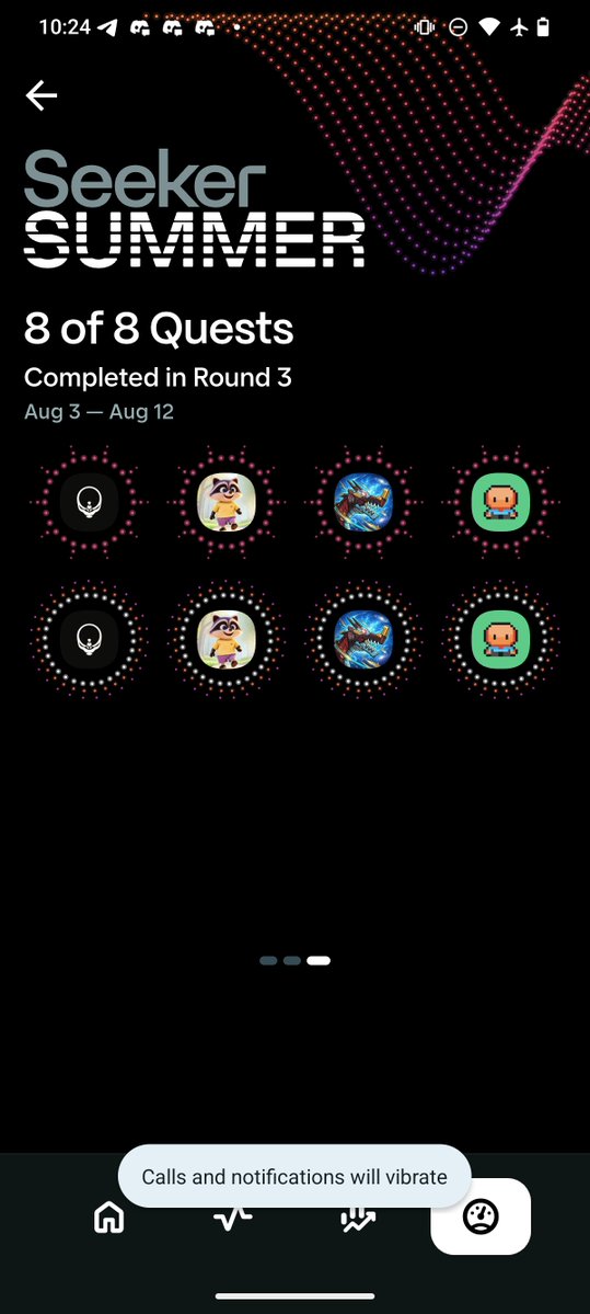 A smartphone screenshot showing 'Seeker SUMMER' quest progress with '8 of 8 Quests Completed in Round 3 (Aug 3 – Aug 12)'. Eight circular reward icons, including masked figures and fish, are displayed on a dark background with a pink dotted wave design.