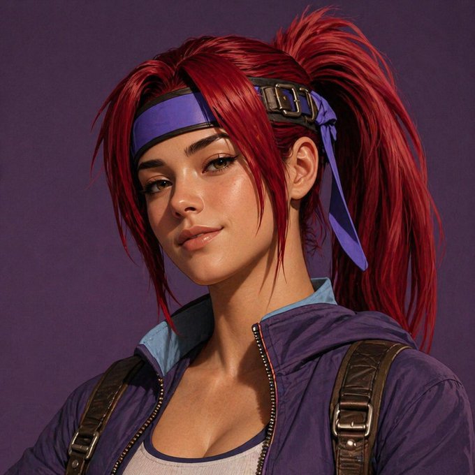 A 3D-rendered portrait of a woman with long red hair tied in a high ponytail, wearing a purple headband, a purple jacket over a white top, and brown leather straps against a purple background.