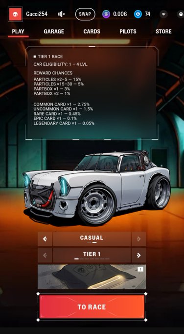 A mobile racing game interface displays a white sports car with detailed reward text including 'TIER 1 RACE', 'CAR ELIGIBILITY: 1-4 LVL', various 'REWARD CHANCES' percentages for cards and parts, and a 'TO RACE' button.