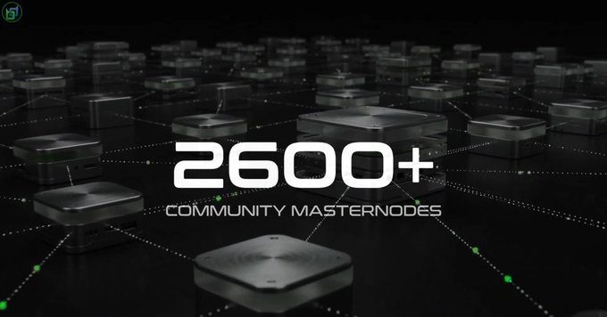 A dark graphic displaying metallic cube-like nodes connected by lines, with the central text reading "2600+ COMMUNITY MASTERNODES" and a green logo in the top left corner.