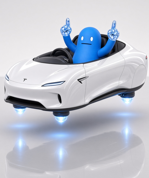A blue ghost-like 3D character making peace signs while driving a white Tesla Roadster equipped with hover propulsion instead of wheels.