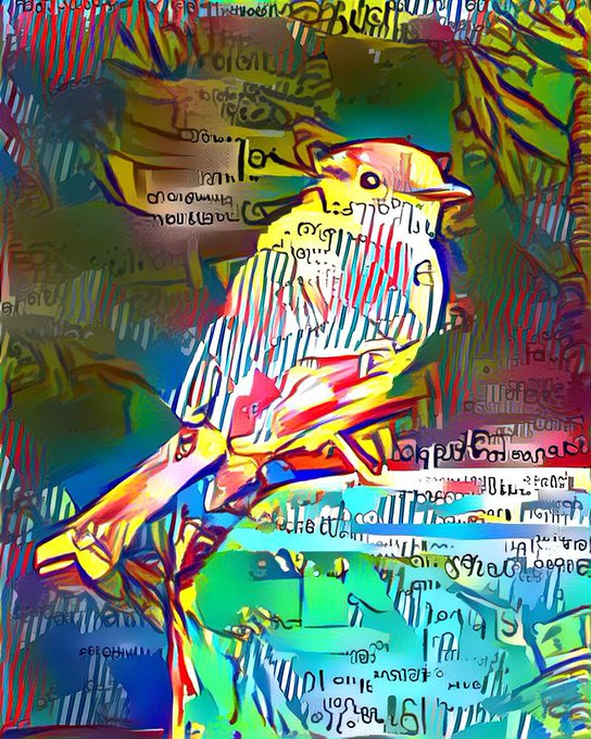 A vibrant, stylized digital painting of a yellow and orange bird perched on a branch, overlaid with illegible script-like text.
