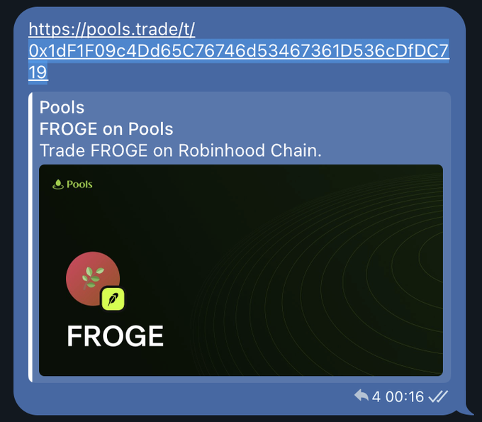 A Telegram message with a link to pools.trade promoting 'FROGE on Pools' for trading FROGE on Robinhood Chain.