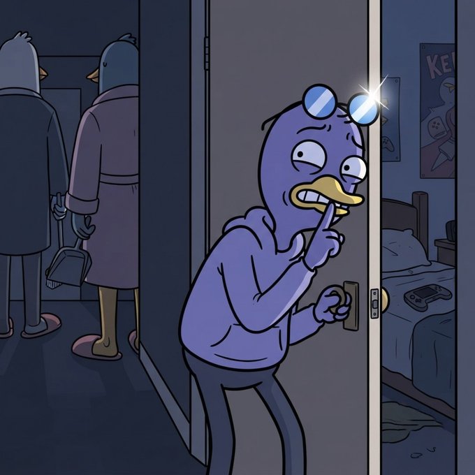 A cartoon illustration of a nervous-looking blue duck character with glasses perched on its head, peeking through a doorway while two other figures stand in the hallway.