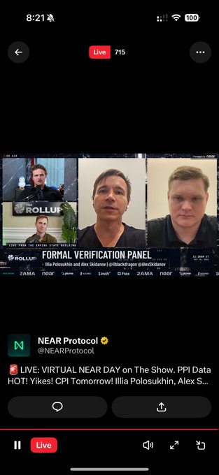 A vertical smartphone screenshot of a live stream on X featuring three men in a video call, labeled with a 'ROLLUP' logo and the text 'FORMAL VERIFICATION PANEL' with names 'Illia Polosukhin and Alex Skidanov'.