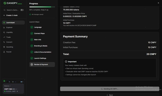 A screenshot of the Canopy blockchain platform shows a token launchpad progress page at 86% complete, with payment details of 10 CNPY creation fee and 10 CNPY initial purchase for a total of 20 CNPY.