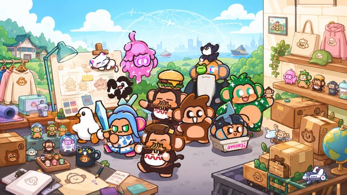 A colorful illustration depicts a workshop filled with various cute characters in bear and animal costumes surrounded by merchandise like clothing, boxes, bags, and a globe, with a city skyline visible through the window.
