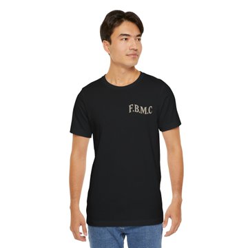 A man models a black T-shirt featuring the text "FBMC" printed on the chest, showcasing one of the shirt designs available for purchase at the DeepTide store as promoted in the post.