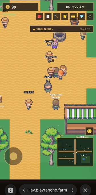 Screenshot of Playrancho.farm game showing pixel-art ranch scene with player avatars, an Aunt Hazel Mentor NPC, 99 coins, D5 9:22 AM timestamp, and a mini-map.