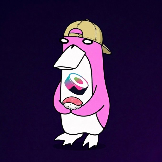 A digital illustration features a pink cartoon bird character wearing a beige backward baseball cap and holding a piece of sushi with a logo on its body, set against a dark purple background.