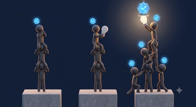 A 3D illustration showing three stages of figures stacking on top of each other, with the rightmost tower reaching the highest to hold a glowing lightbulb with a blue checkmark.