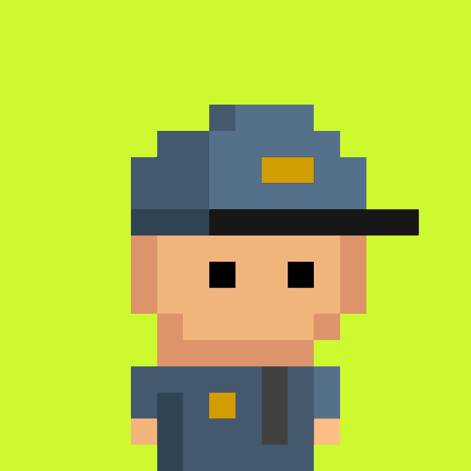 A pixel art character depicting a police officer in a blue uniform and cap with a gold badge against a bright yellow-green background.