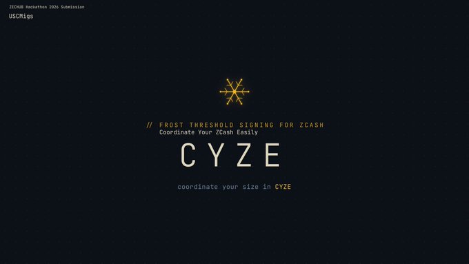 A dark promotional graphic for the USC Mags ZECHUB Hackathon 2026 Submission, featuring a gold star symbol and the text '// FROST THRESHOLD SIGHTING FOR ZCASH Coordinate Your ZCash Easily CYZE coordinate your size in CYZE'.