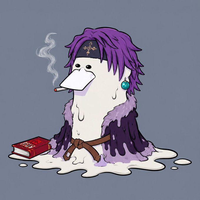 A cartoon duck character with purple hair, a headband, and a melting fur-lined coat smokes a cigarette next to a red book, visually embodying the "zaibatsu" mascot from the accompanying crypto project announcement.
