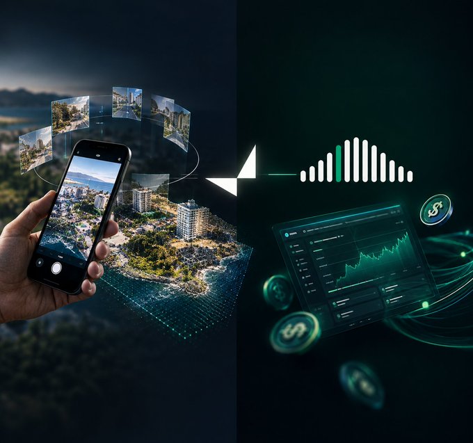 The image is a split composition: on the left, a hand holds a smartphone that appears to scan a coastal landscape, projecting floating photo thumbnails and a 3D mesh map of the terrain—visualizing how @vangrid_io turns smartphone captures into spatial data. On the right, a glowing dashboard displays a performance bar chart, financial line graphs, and floating coin icons on a dark green background, representing @agenticscredit's on-chain track record verification with USDC bounties.