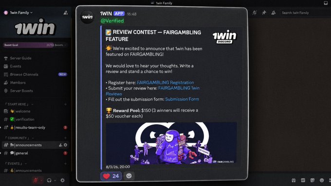 A Discord interface for the '1win Family' server showing a '1WIN NEWS' announcement for a FAIRGAMBLING review contest with a $150 reward pool for 3 winners.