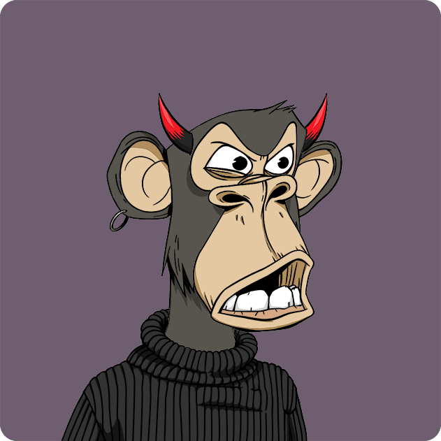 A cartoon-style illustration of an angry-looking chimpanzee character with red devil horns, wearing a black turtleneck sweater against a solid purple background.