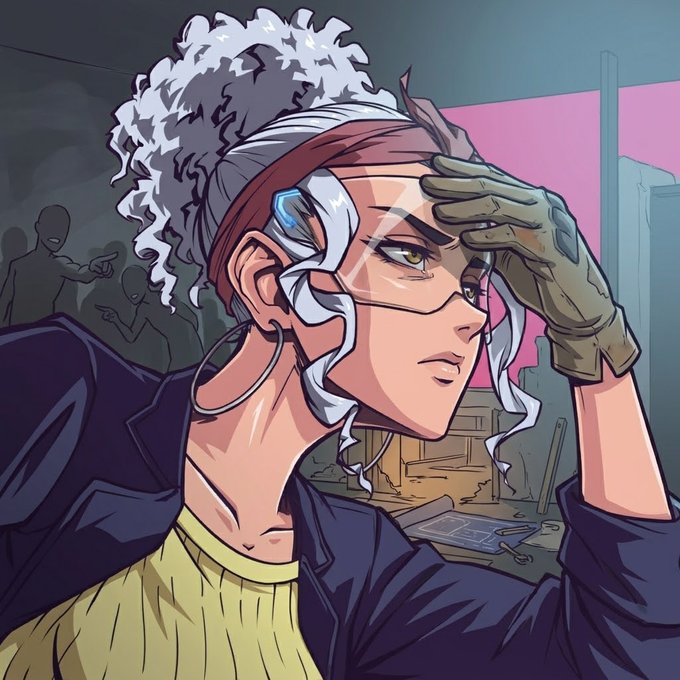The image features a woman with curly hair wearing glasses and a yellow shirt. She has her hand over her face, possibly shielding her eyes from something or someone. The background of the image shows a pink wall with a group of people standing behind it. There is also an element of darkness in the scene, which adds to the overall atmosphere of the image.
